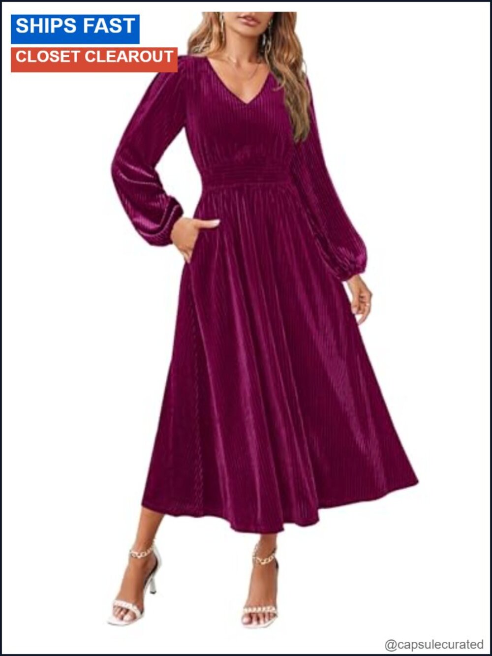 Velvet Long Sleeve V Neck Smocked Waist Midi Dress with Pockets